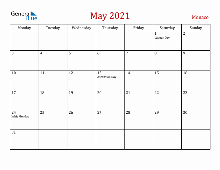 Monaco May 2021 Calendar - Monday Start