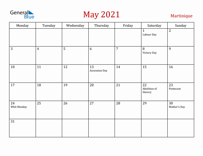Martinique May 2021 Calendar - Monday Start
