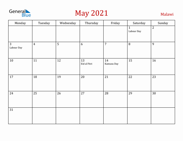 Malawi May 2021 Calendar - Monday Start