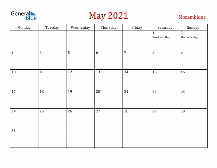 Mozambique May 2021 Calendar - Monday Start