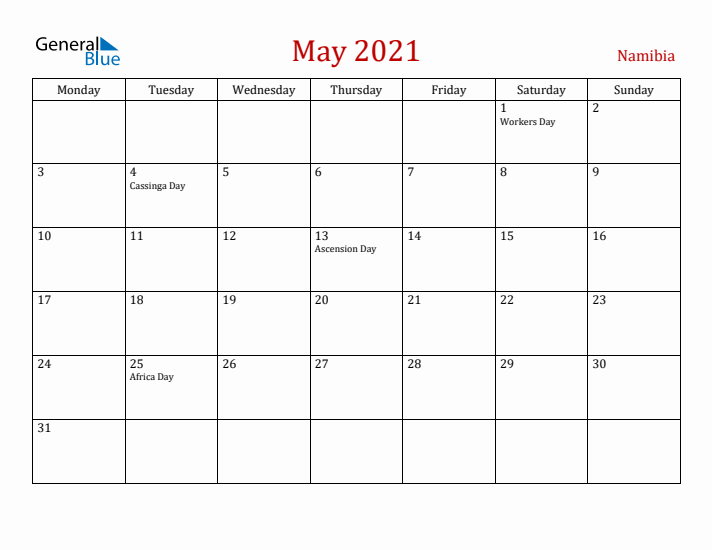 Namibia May 2021 Calendar - Monday Start