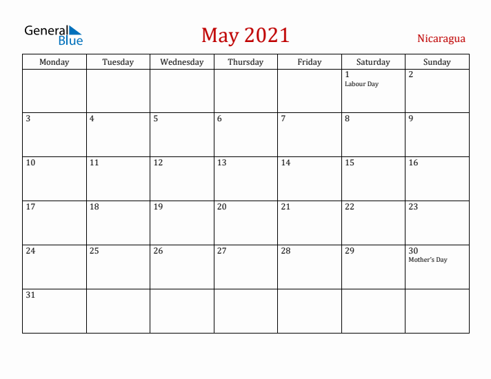 Nicaragua May 2021 Calendar - Monday Start