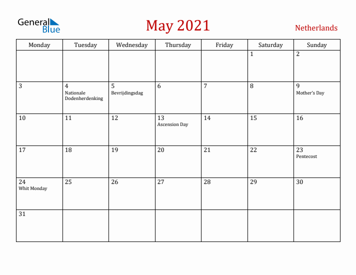 The Netherlands May 2021 Calendar - Monday Start