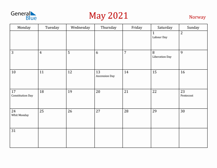 Norway May 2021 Calendar - Monday Start