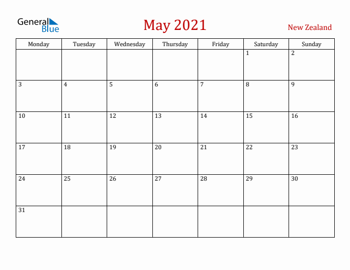 New Zealand May 2021 Calendar - Monday Start
