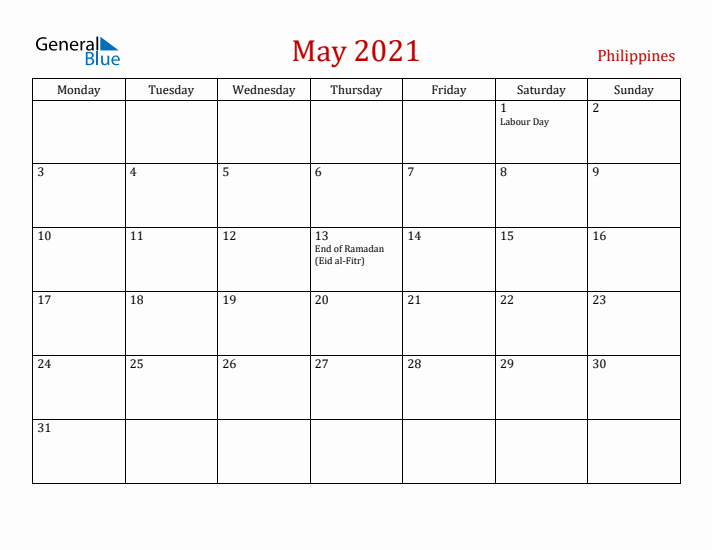 Philippines May 2021 Calendar - Monday Start