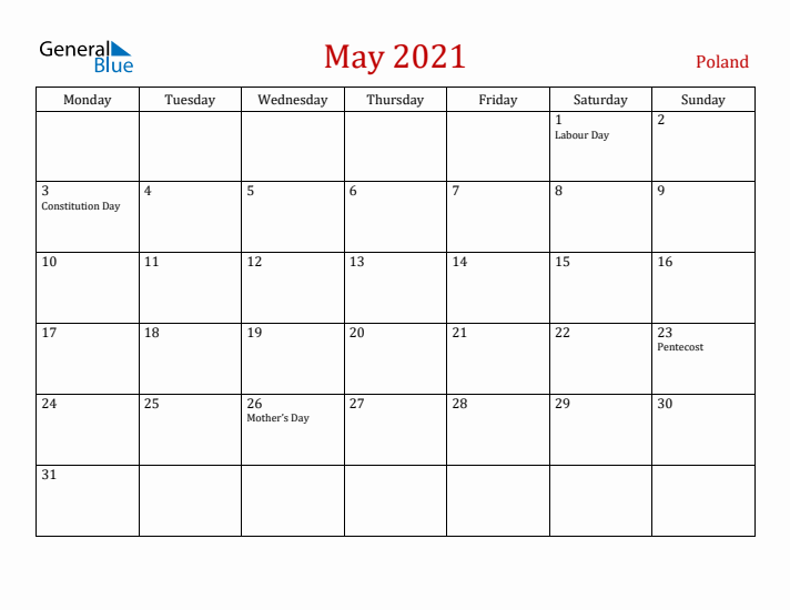 Poland May 2021 Calendar - Monday Start
