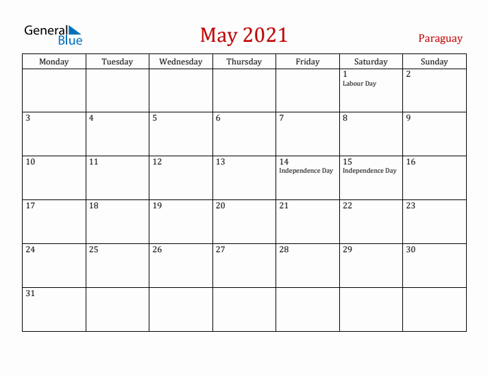 Paraguay May 2021 Calendar - Monday Start