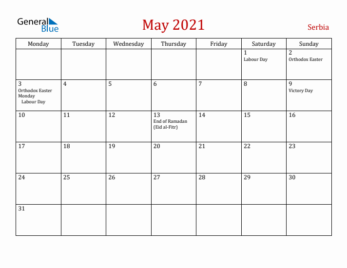 Serbia May 2021 Calendar - Monday Start