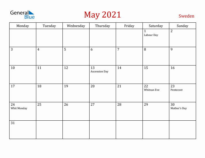 Sweden May 2021 Calendar - Monday Start
