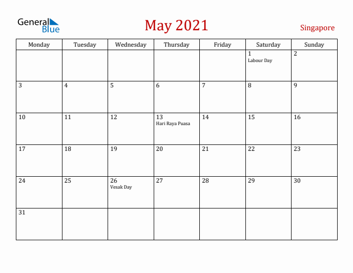 Singapore May 2021 Calendar - Monday Start