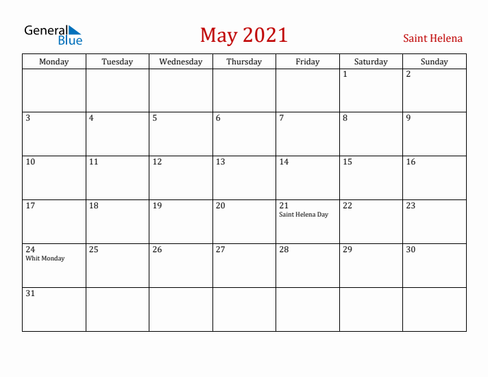 Saint Helena May 2021 Calendar - Monday Start