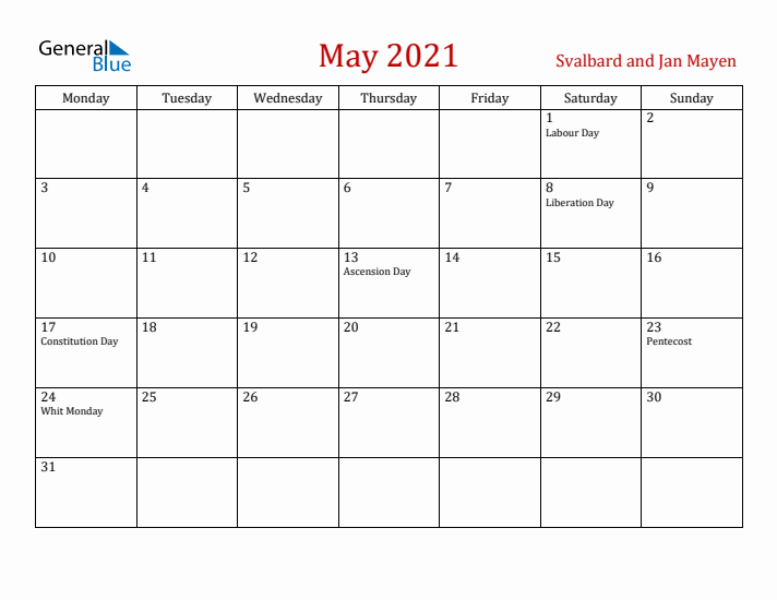 Svalbard and Jan Mayen May 2021 Calendar - Monday Start