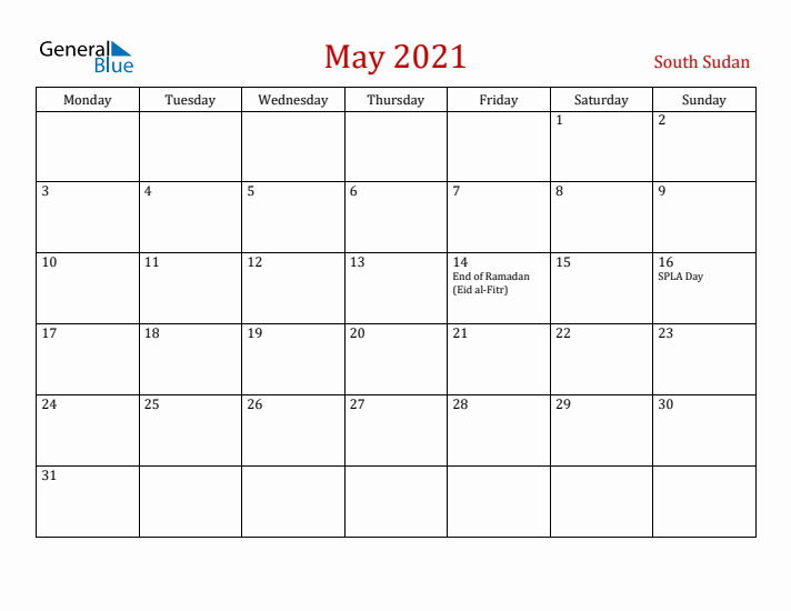 South Sudan May 2021 Calendar - Monday Start