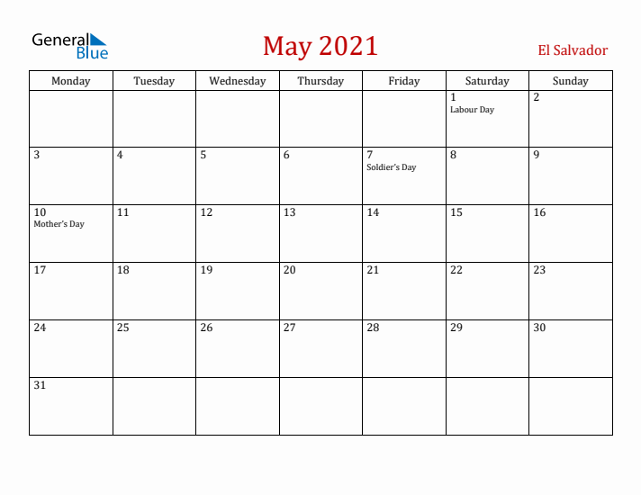 El Salvador May 2021 Calendar - Monday Start