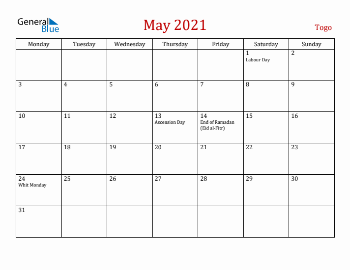 Togo May 2021 Calendar - Monday Start