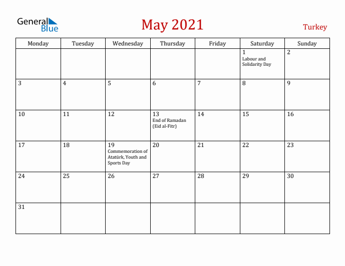 Turkey May 2021 Calendar - Monday Start