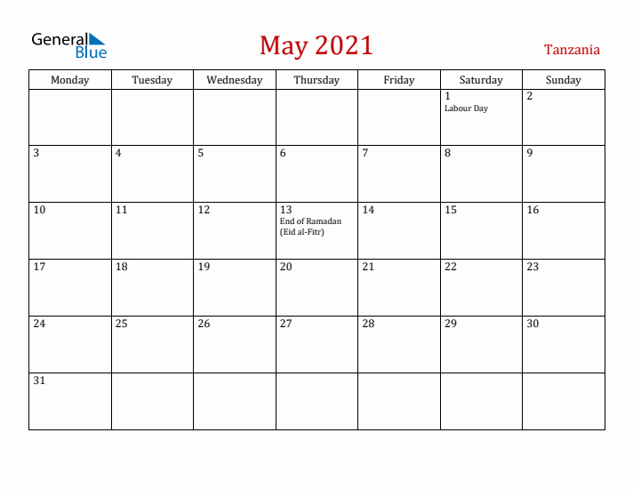 Tanzania May 2021 Calendar - Monday Start