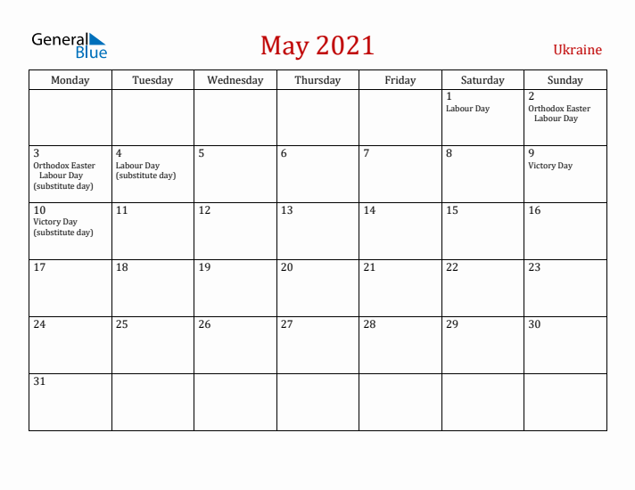 Ukraine May 2021 Calendar - Monday Start