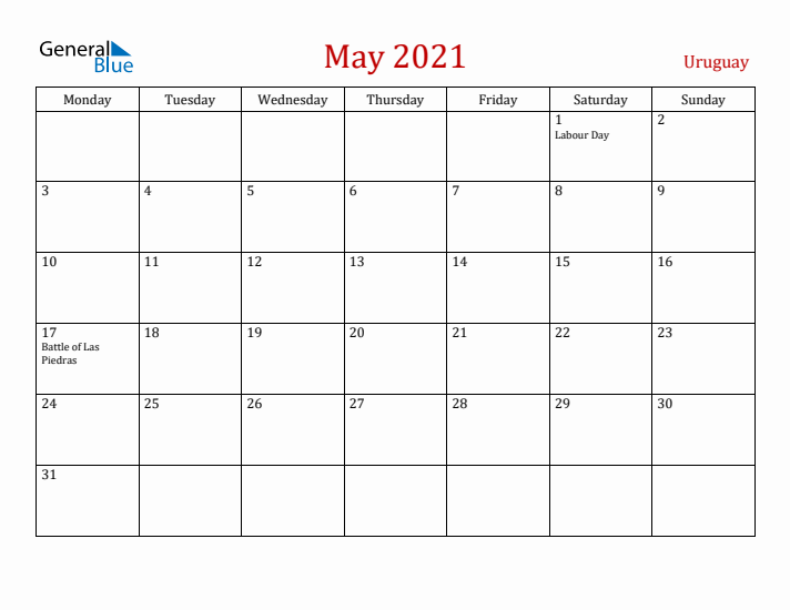 Uruguay May 2021 Calendar - Monday Start