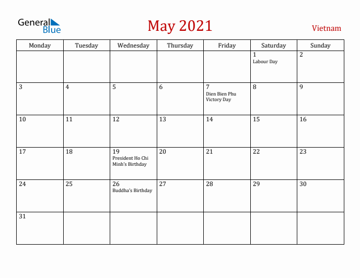 Vietnam May 2021 Calendar - Monday Start