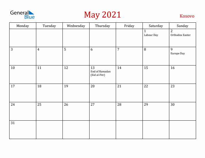 Kosovo May 2021 Calendar - Monday Start