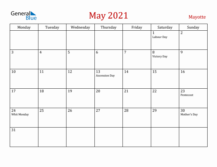 Mayotte May 2021 Calendar - Monday Start