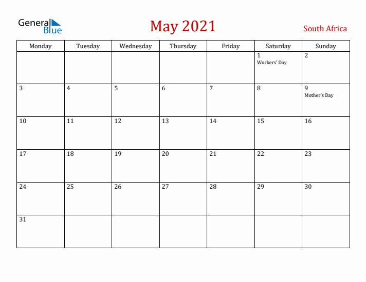 South Africa May 2021 Calendar - Monday Start