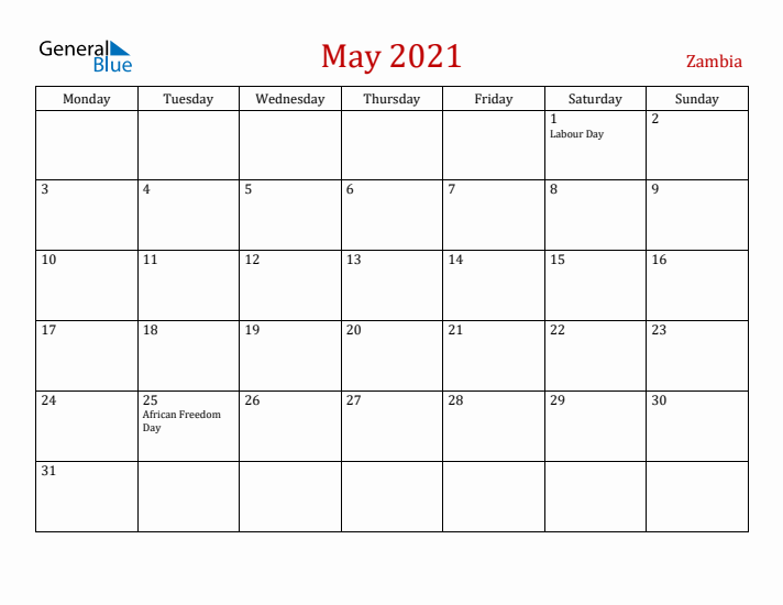Zambia May 2021 Calendar - Monday Start