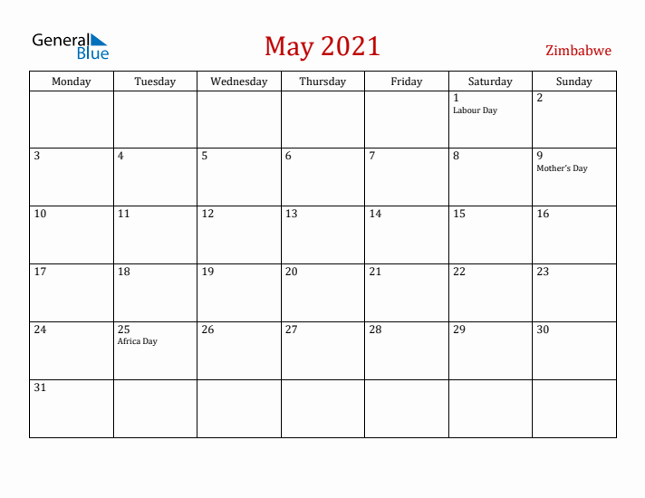 Zimbabwe May 2021 Calendar - Monday Start