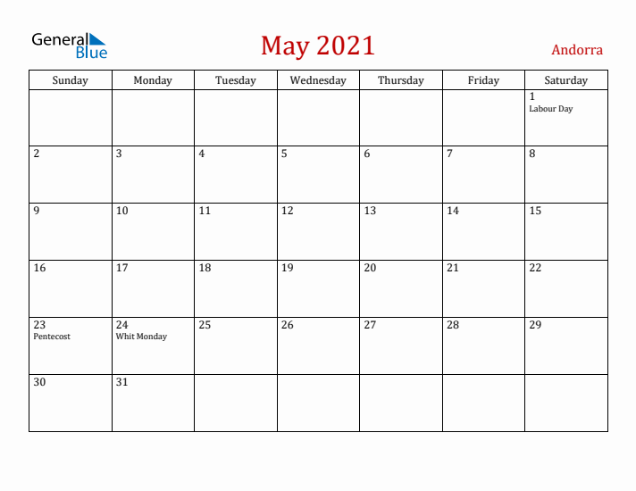 Andorra May 2021 Calendar - Sunday Start