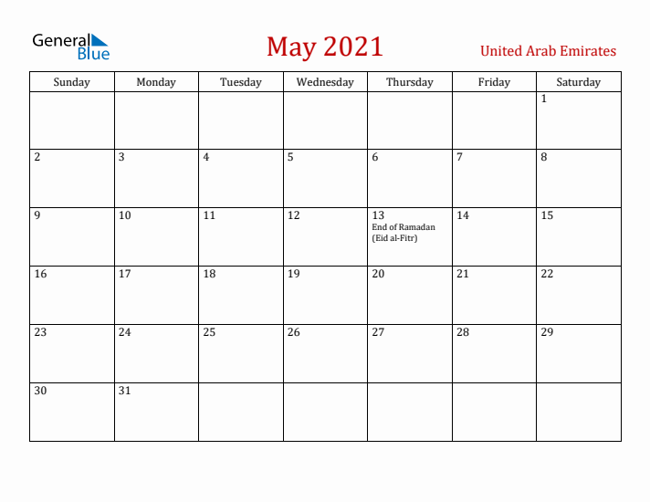 United Arab Emirates May 2021 Calendar - Sunday Start