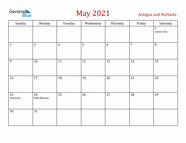 Antigua and Barbuda May 2021 Calendar - Sunday Start