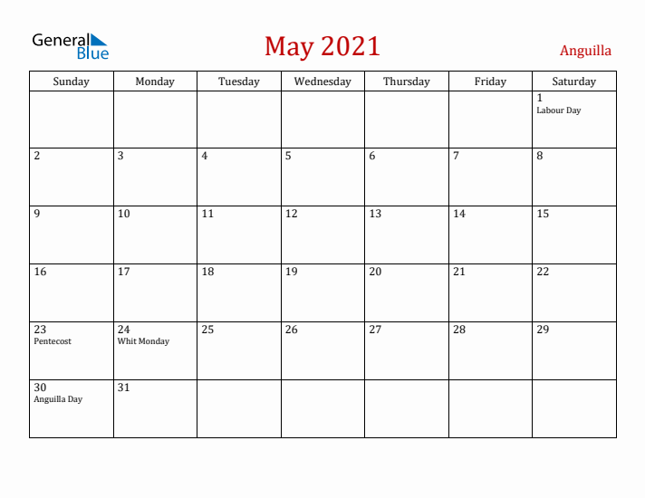 Anguilla May 2021 Calendar - Sunday Start