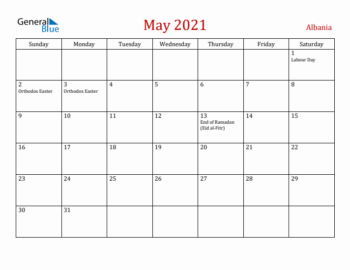 Albania May 2021 Calendar - Sunday Start