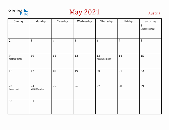 Austria May 2021 Calendar - Sunday Start