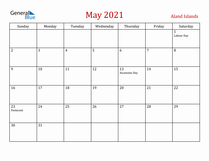 Aland Islands May 2021 Calendar - Sunday Start