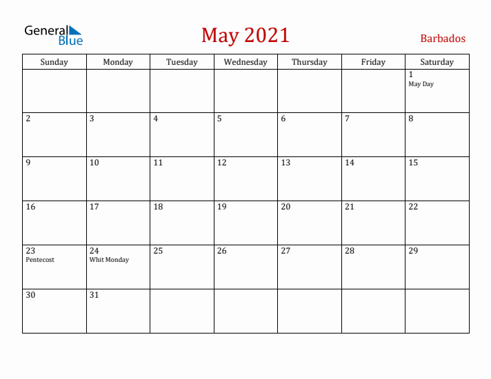 Barbados May 2021 Calendar - Sunday Start