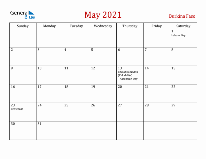 Burkina Faso May 2021 Calendar - Sunday Start