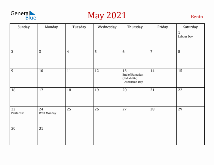 Benin May 2021 Calendar - Sunday Start