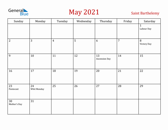 Saint Barthelemy May 2021 Calendar - Sunday Start