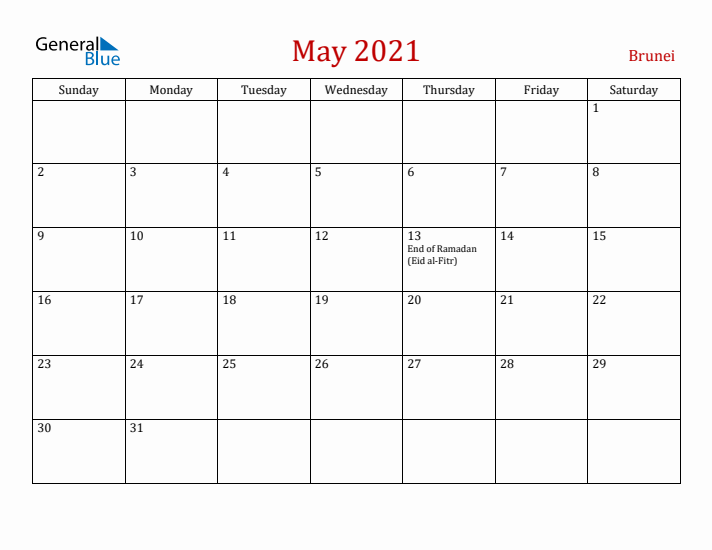 Brunei May 2021 Calendar - Sunday Start
