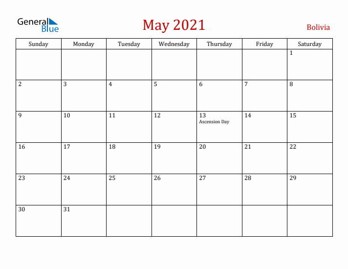 Bolivia May 2021 Calendar - Sunday Start