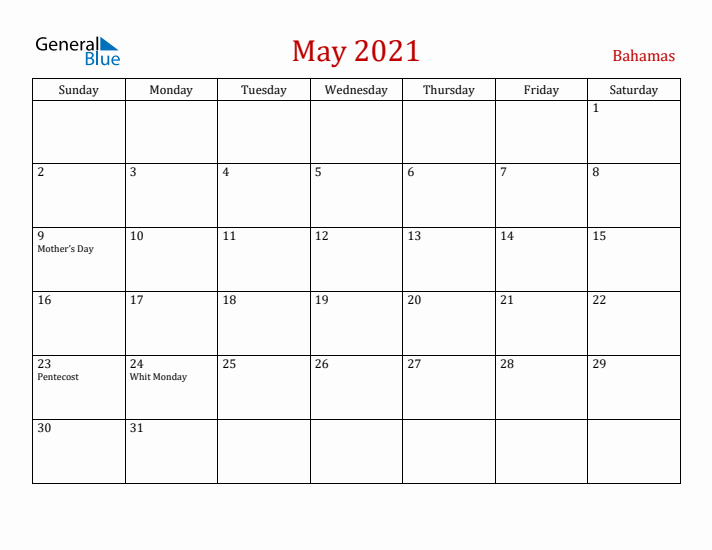 Bahamas May 2021 Calendar - Sunday Start
