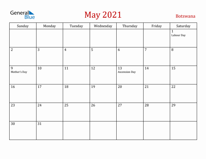 Botswana May 2021 Calendar - Sunday Start