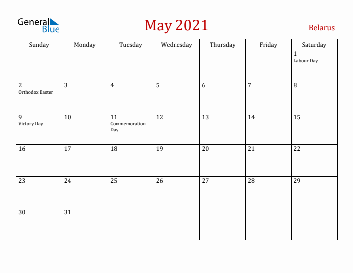 Belarus May 2021 Calendar - Sunday Start