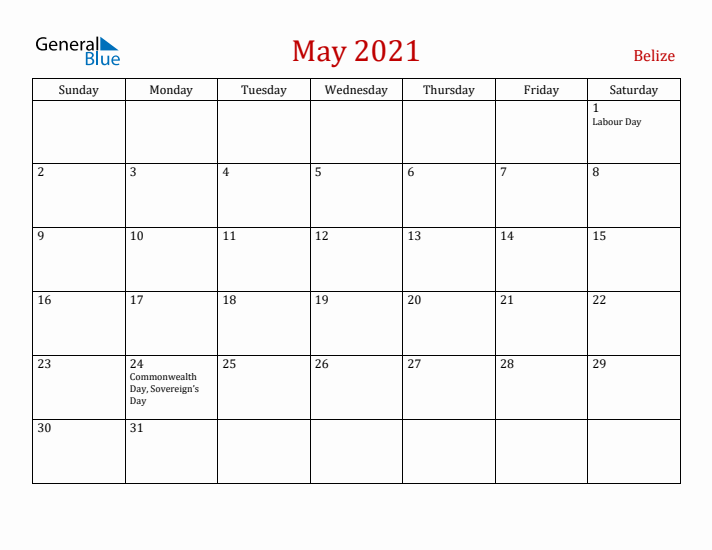 Belize May 2021 Calendar - Sunday Start