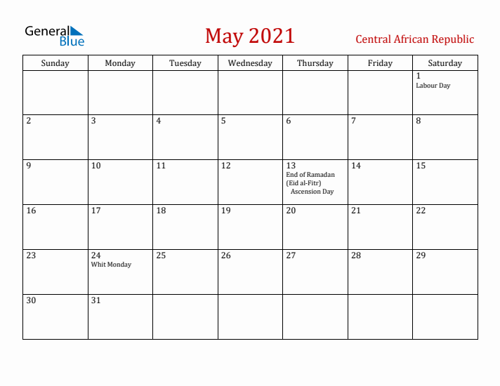 Central African Republic May 2021 Calendar - Sunday Start