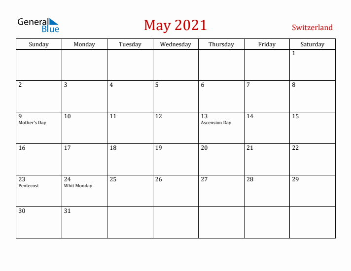 Switzerland May 2021 Calendar - Sunday Start