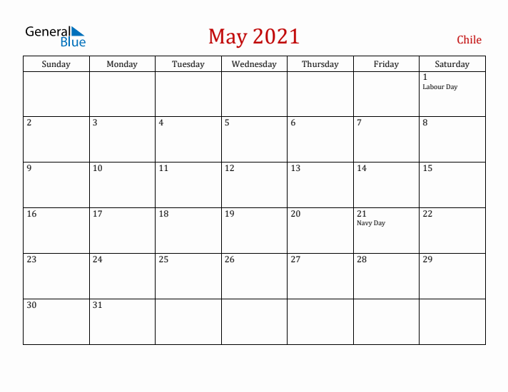 Chile May 2021 Calendar - Sunday Start